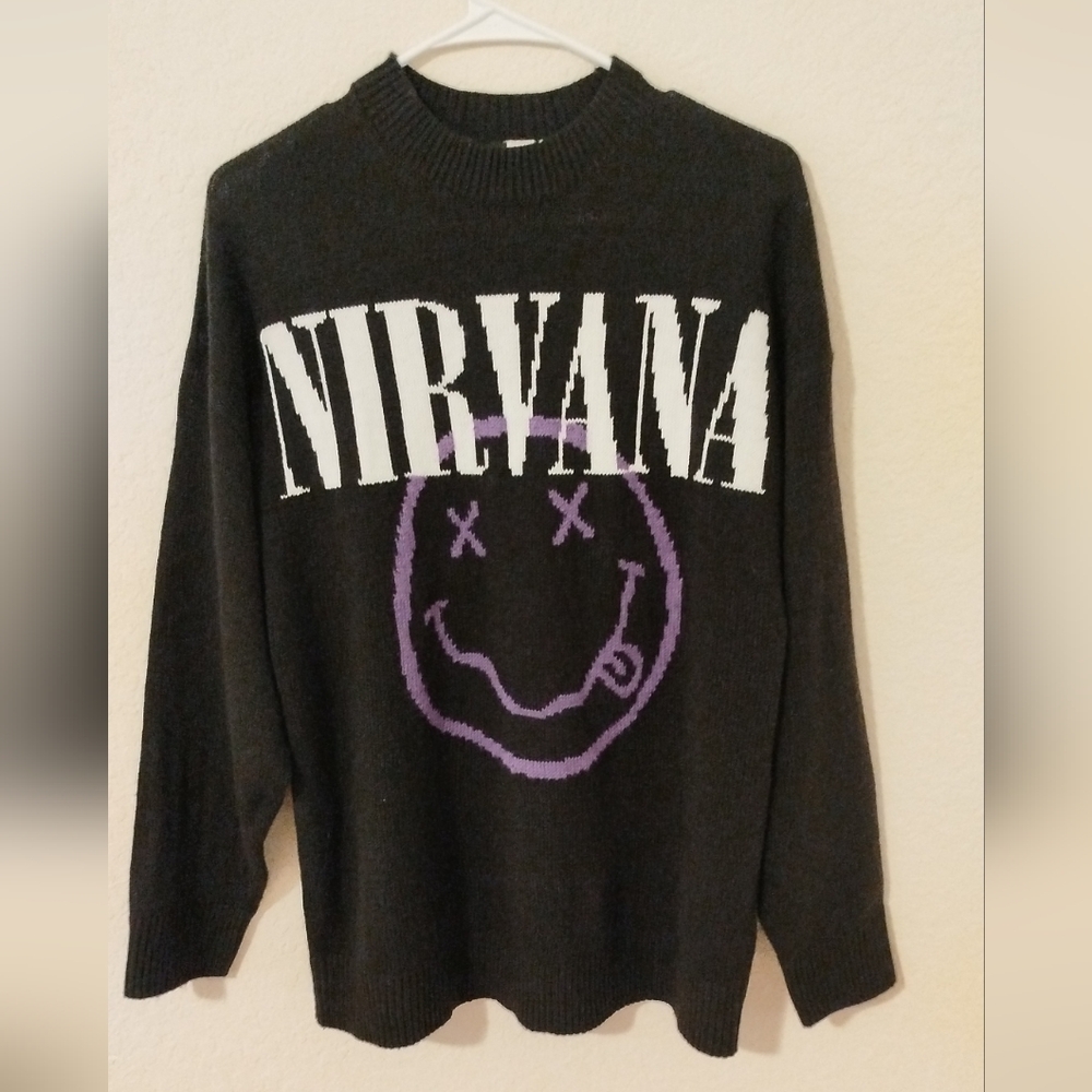 NIRVANA Black and Purple Crew Neck Sweater with Iconic Smiley